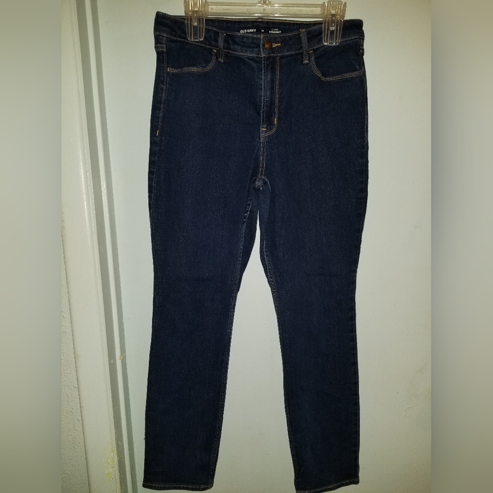 Old Navy Dark Blue Denim High-Rise Straight Jeans with Tan Stitching Size 12